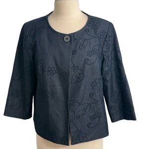 DJ & Co Womens Floral Jacquard Cropped Open Front Jacket, Navy Blue, Size 12